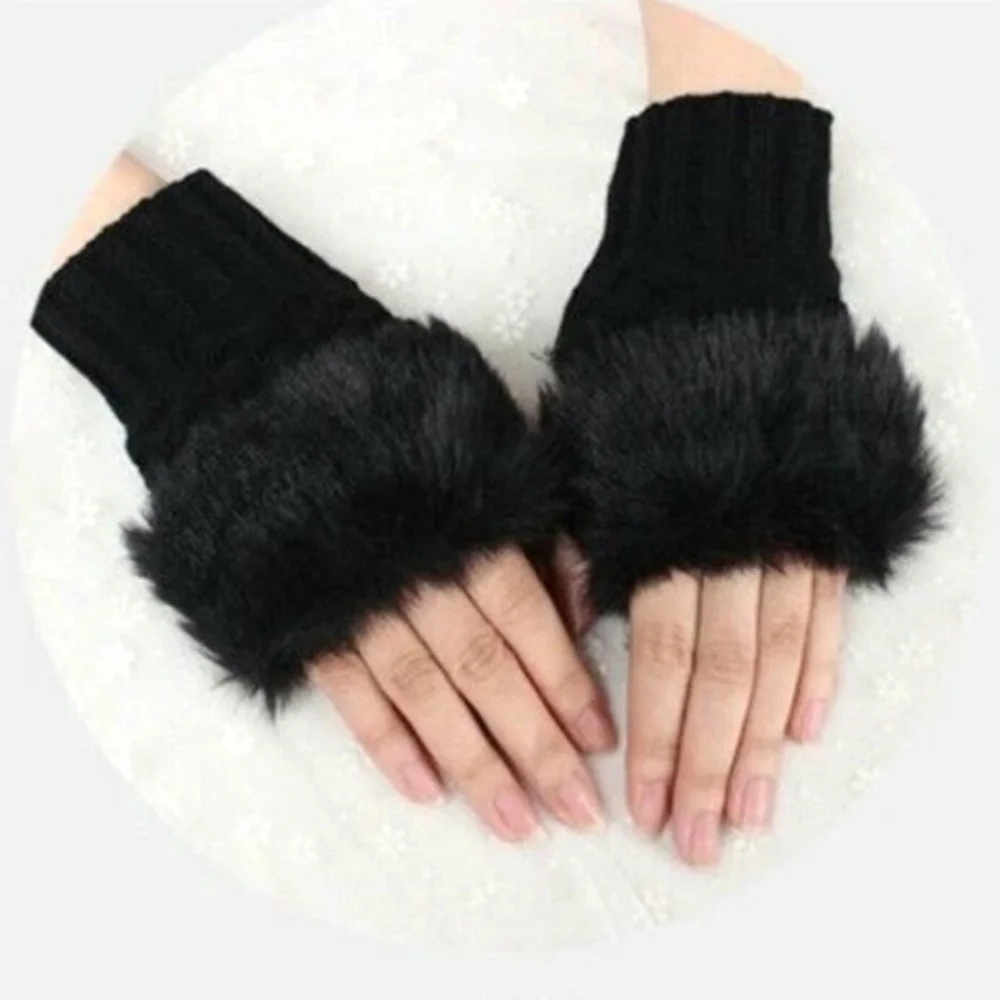 Red Faux Fur Fingerless Magic Stretchy Cropped Warm Winter Sweater Knit Gloves